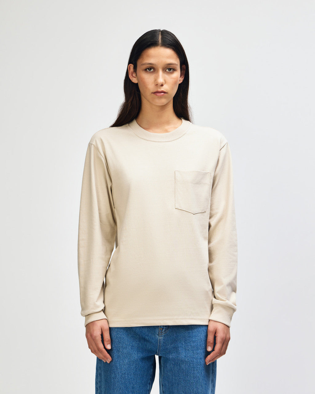 American Apparel Super Heavyweight Unisex Long Sleeve Pocket T-Shirt - Bone