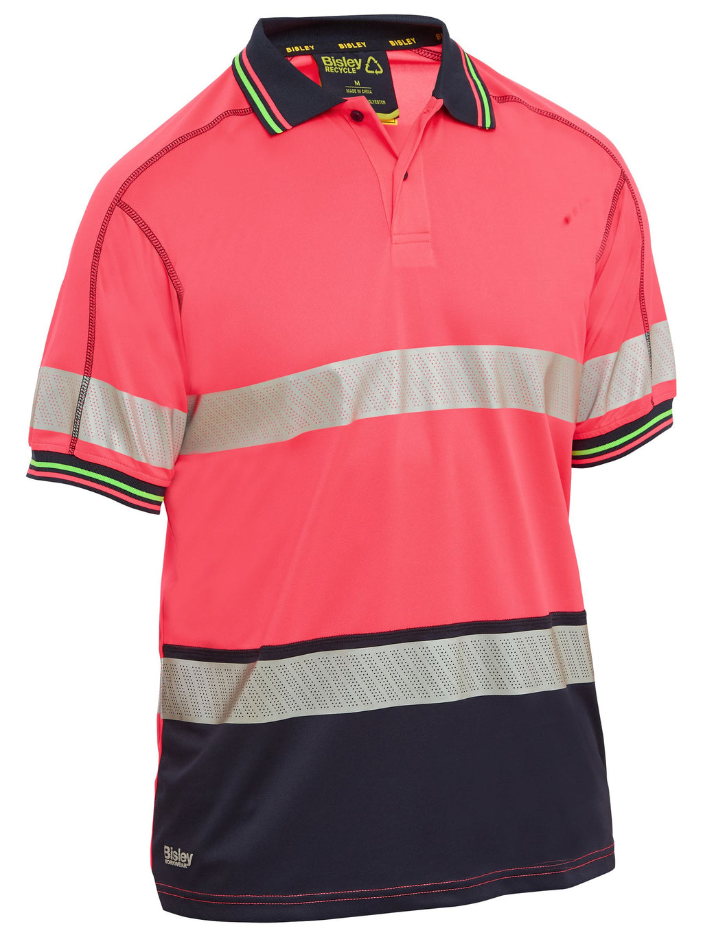 Taped Hi Vis Polyester Mesh Polo - Pink/Navy
