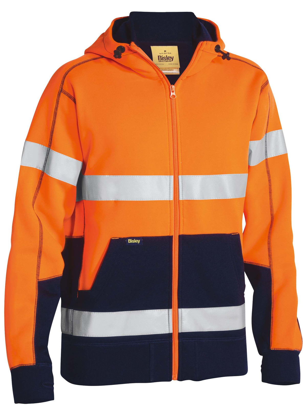 Taped Hi Vis Zip Fleece Hoodie with Sherpa Lining - Orange/Navy