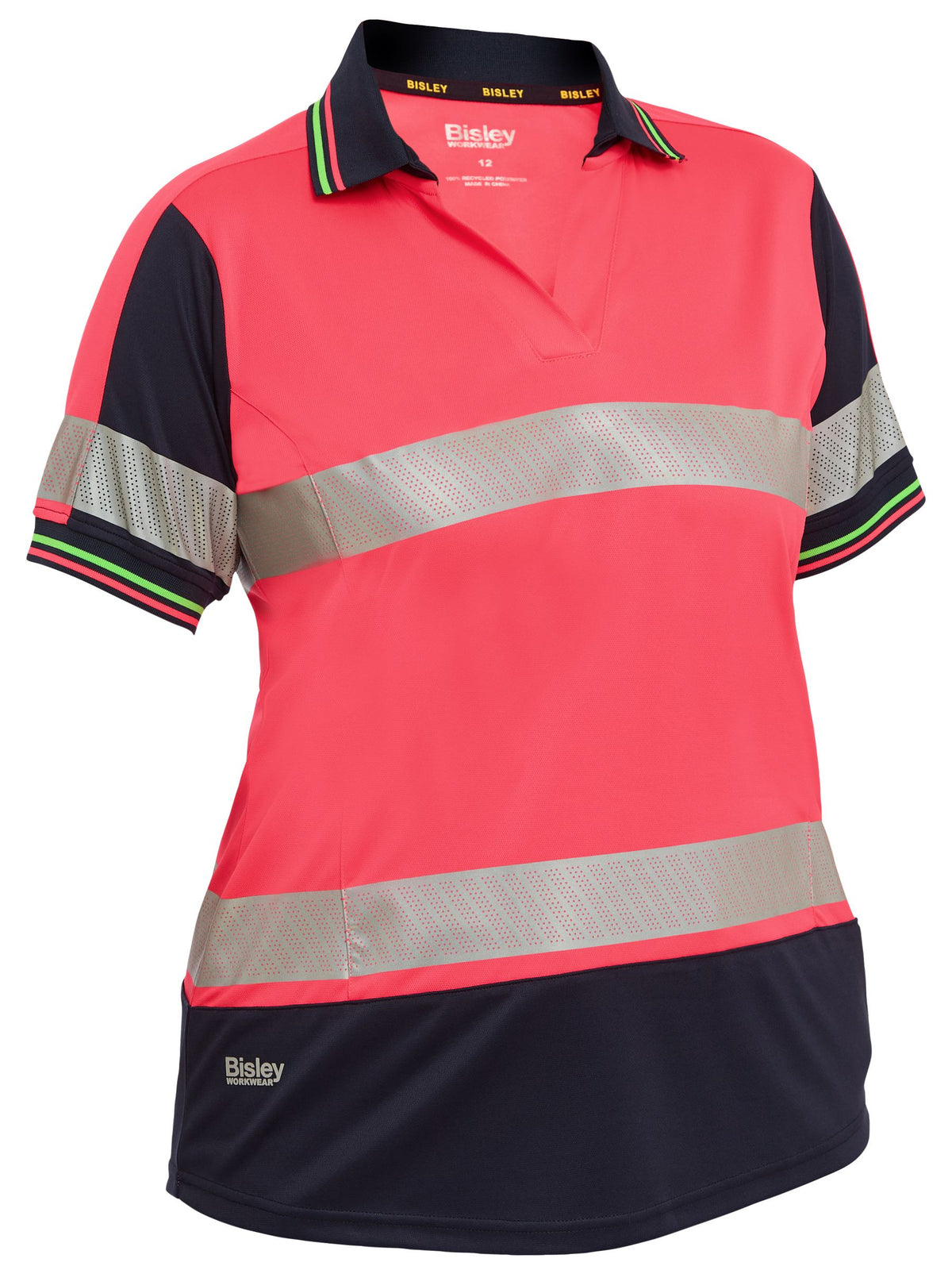 Women's Taped Two Tone Hi Vis V-Neck Polo - Hi Vis Pink/Navy