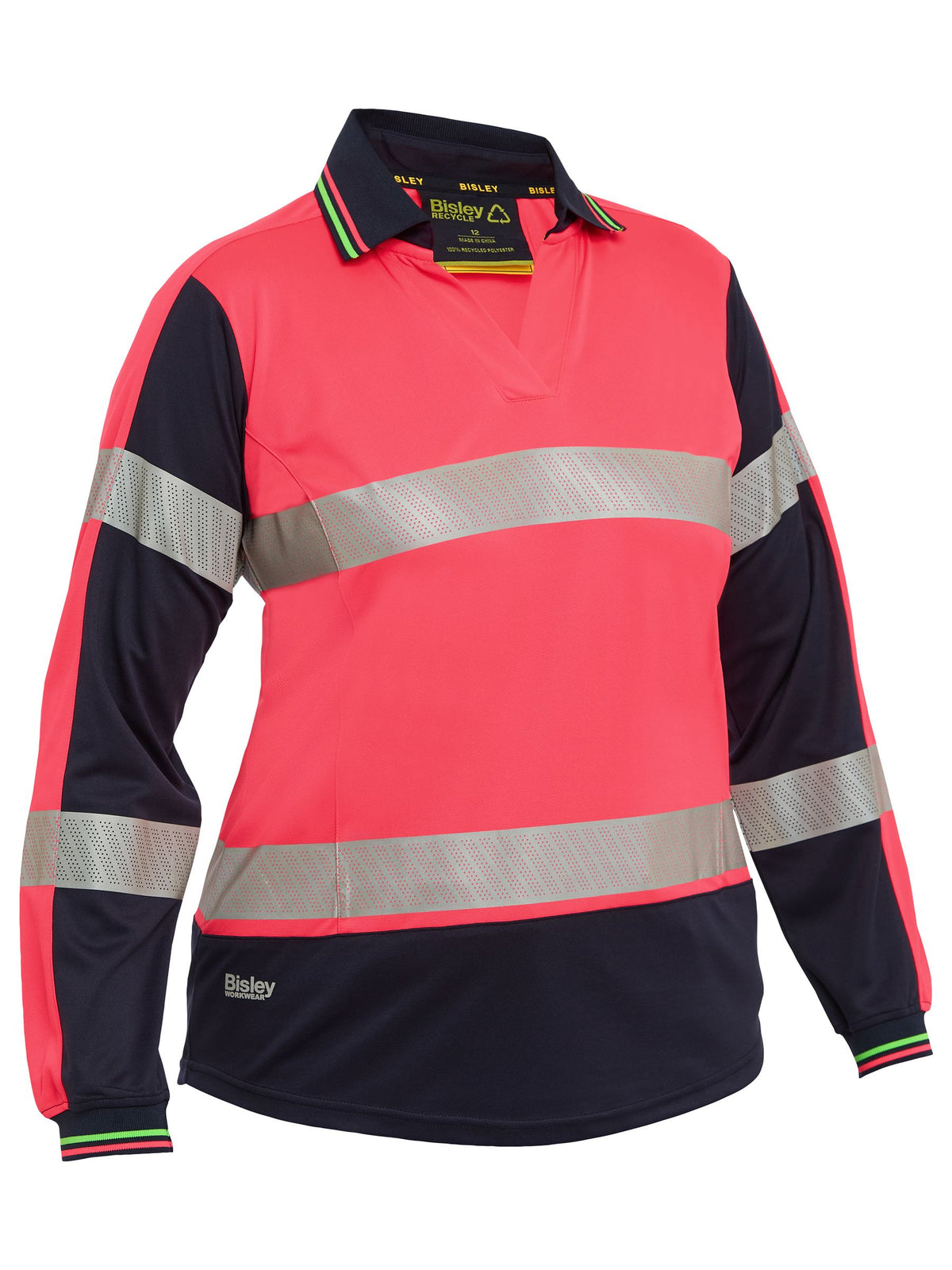 Women's Taped Two Tone Hi Vis V-Neck Polo - Hi Vis Pink/Navy