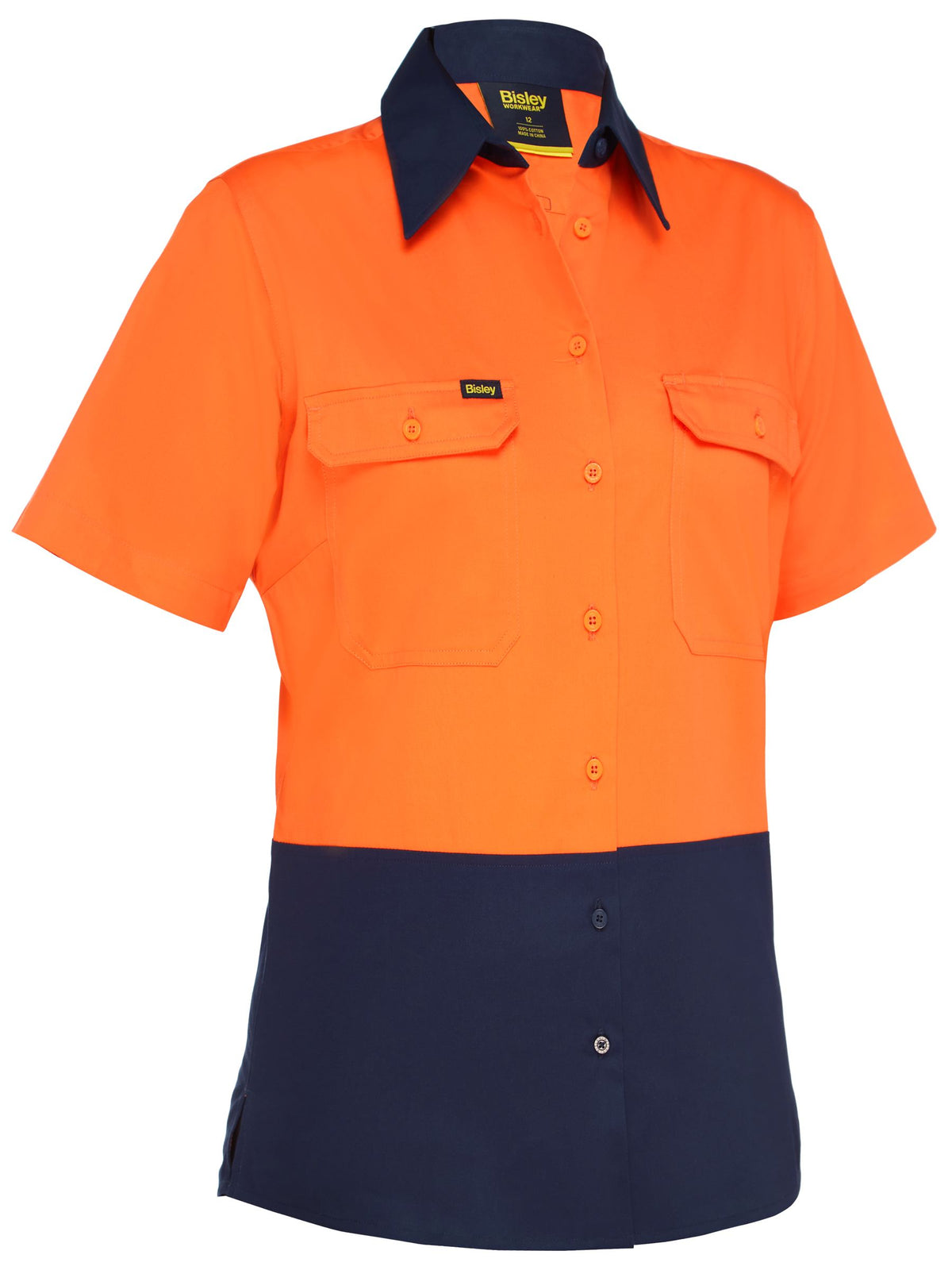 Women's Cool Lightweight Hi Vis Drill Shirt - Orange/Navy