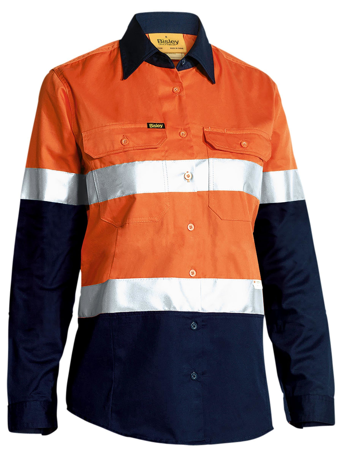 Women's Taped Hi Vis Cool Lightweight Drill Shirt - Orange/Navy