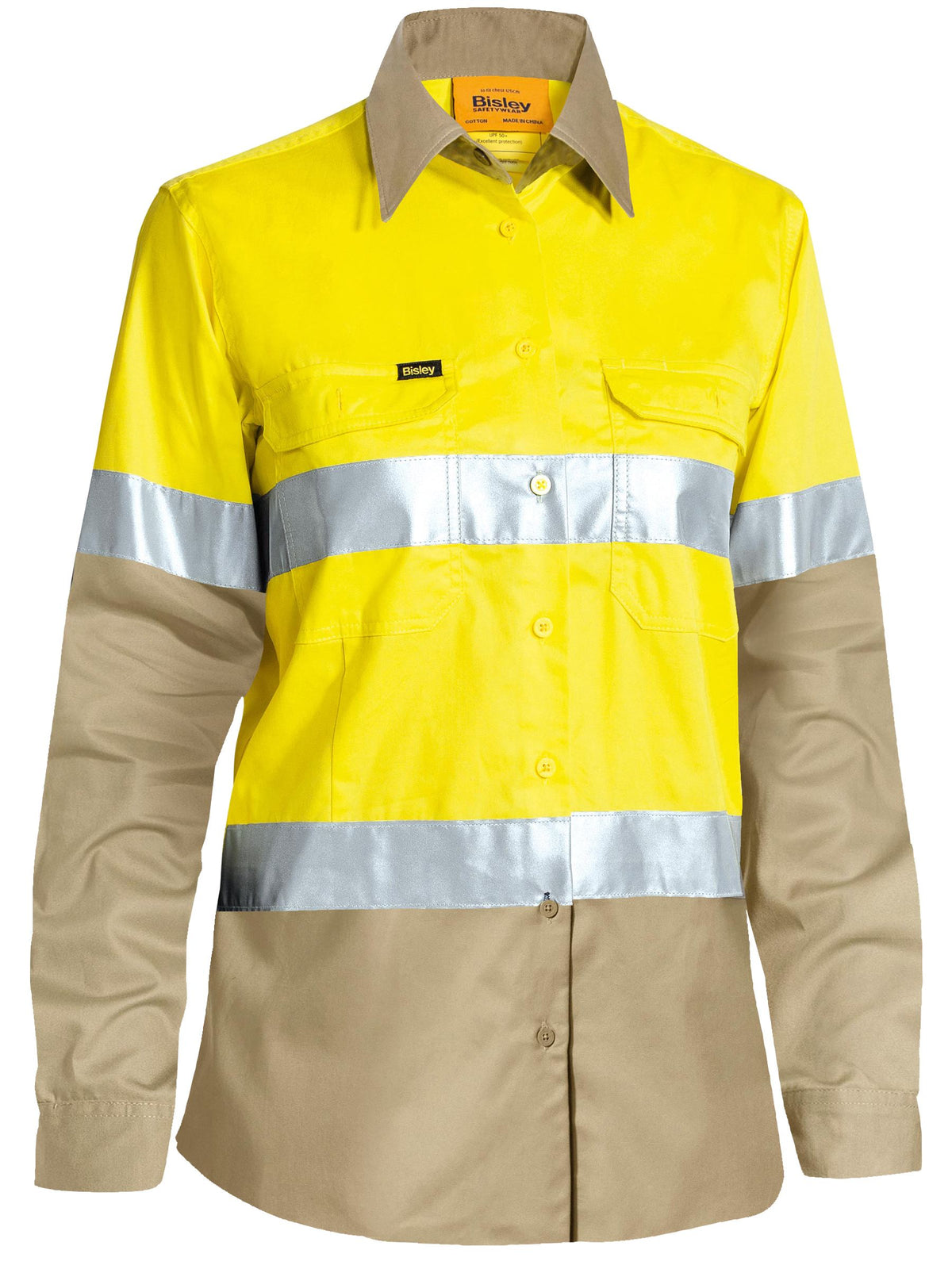 Women's Taped Hi Vis Cool Lightweight Drill Shirt - Yellow/Khaki