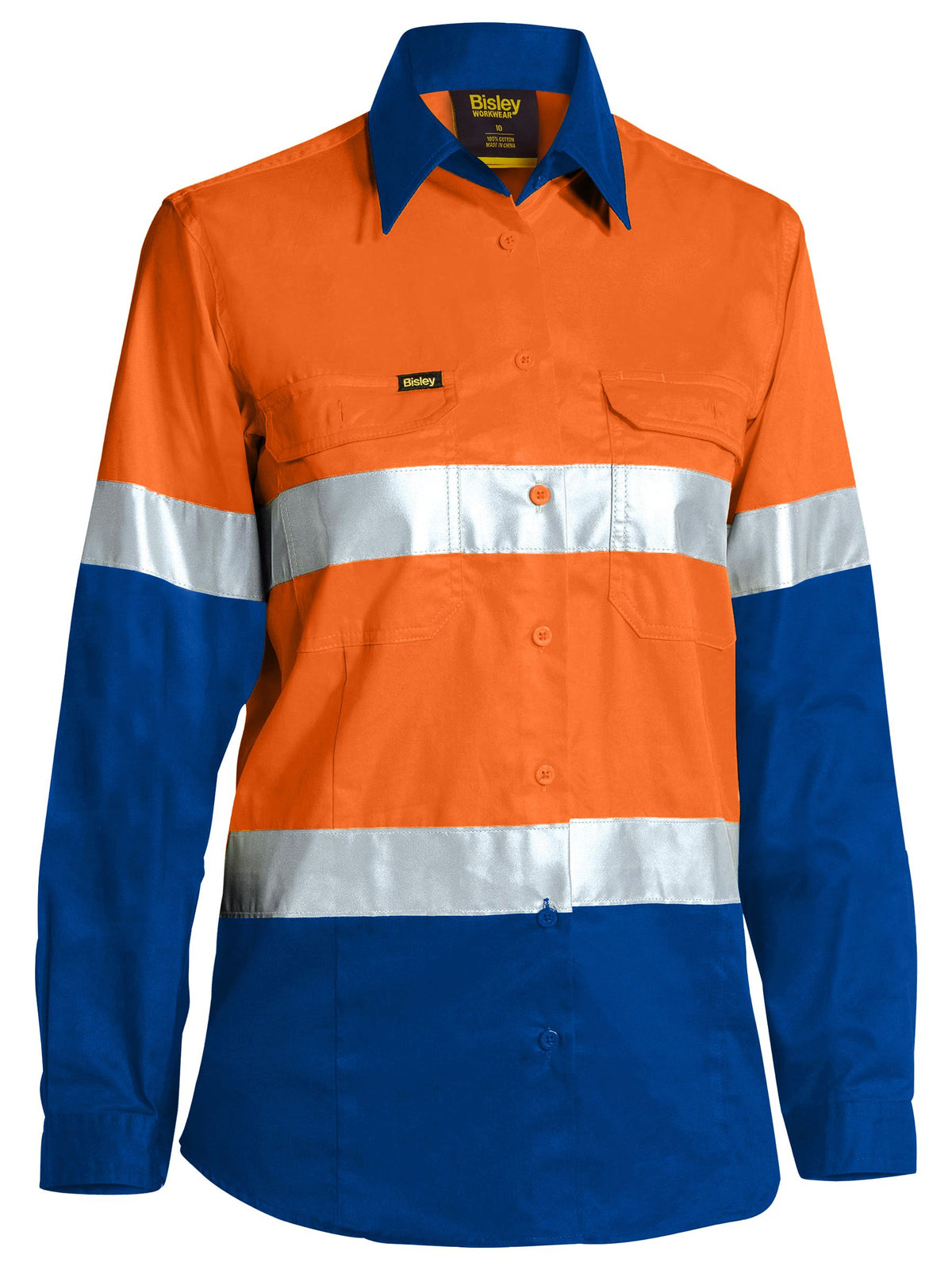 Women's Taped Hi Vis Cool Lightweight Drill Shirt - Orange/Royal