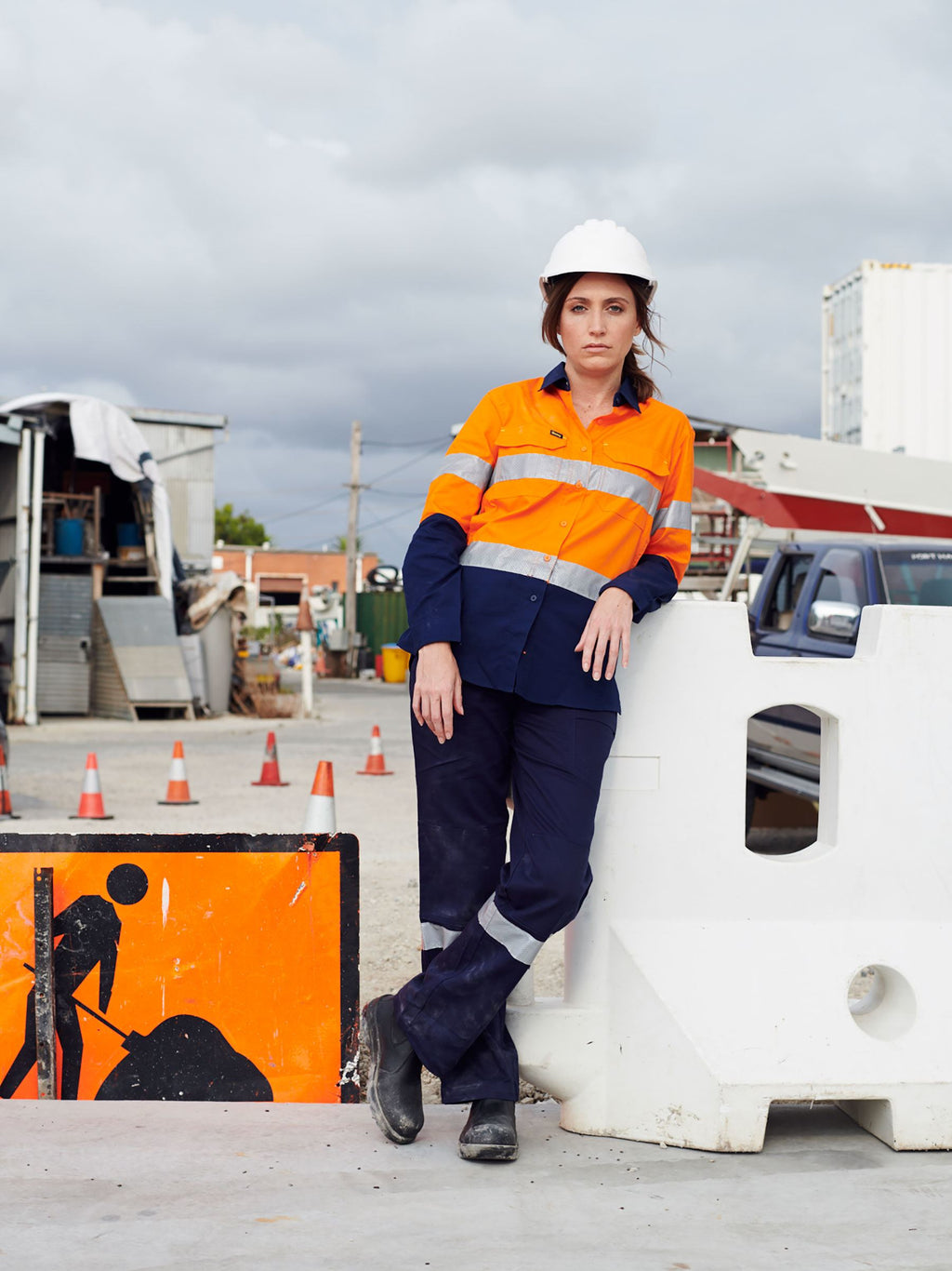 Women's Taped Hi Vis Cool Lightweight Drill Shirt - Orange/Navy