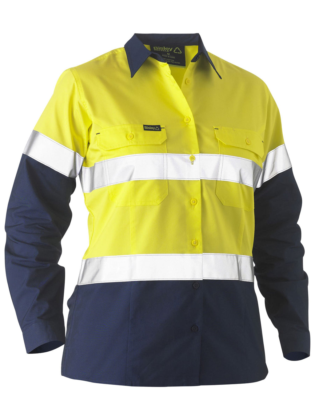 Recycle Women's Taped Two Tone Hi Vis Drill Shirt - Yellow/Navy