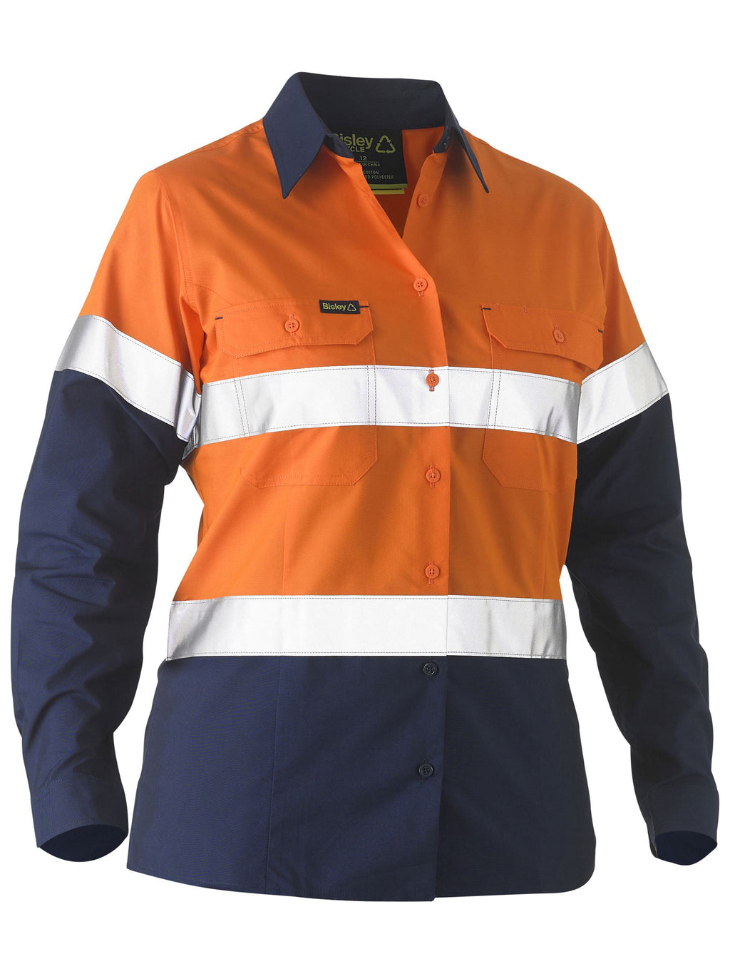 Recycle Women's Taped Two Tone Hi Vis Drill Shirt - Orange/Navy