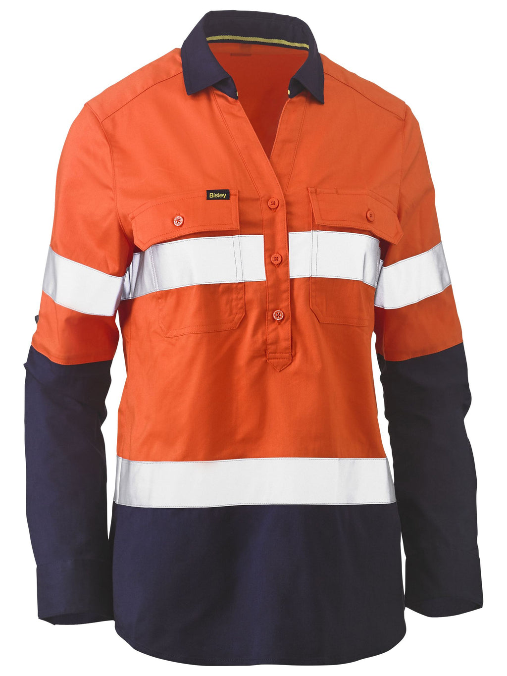 Womens Taped Hi Vis Stretch Closed Front Shirt - Orange/Navy