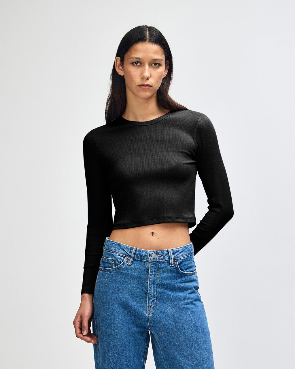 American Apparel Baby Rib Women's LS Crop Fitted T-Shirt - Black