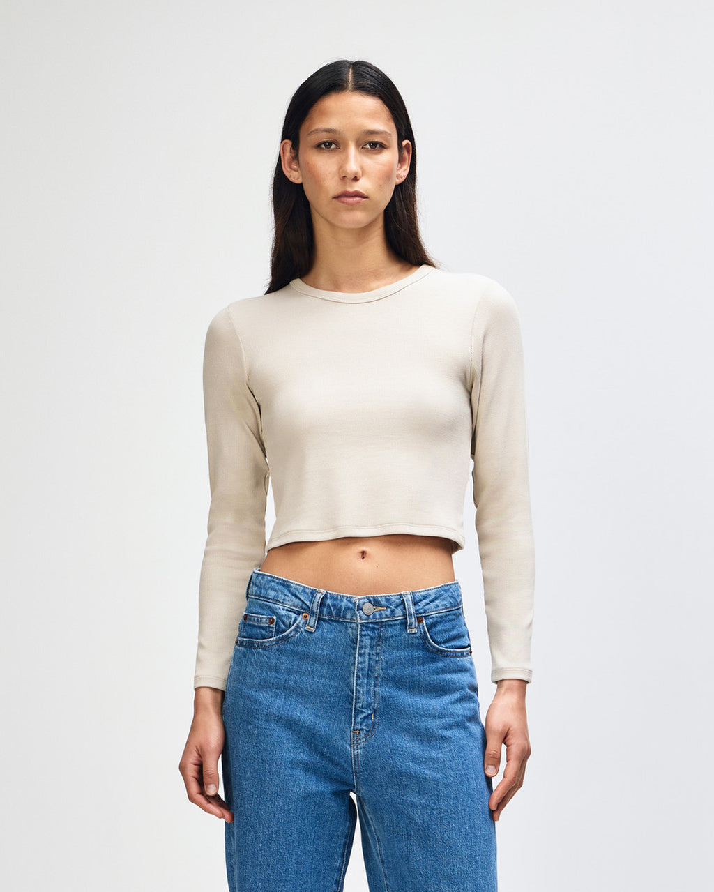 American Apparel Baby Rib Women's LS Crop Fitted T-Shirt - Bone