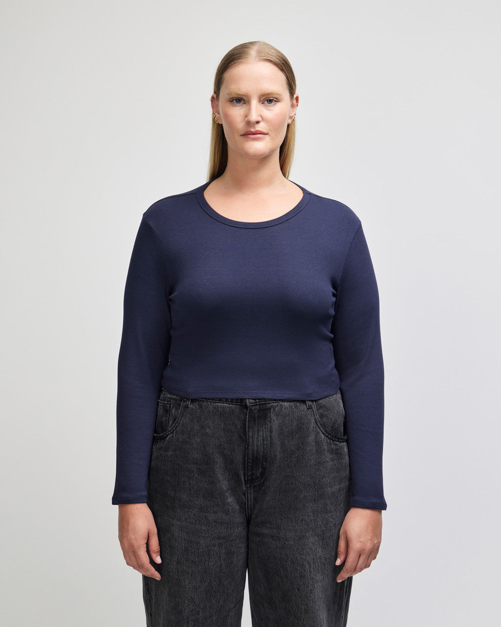 American Apparel Baby Rib Women's LS Crop Fitted T-Shirt - Navy