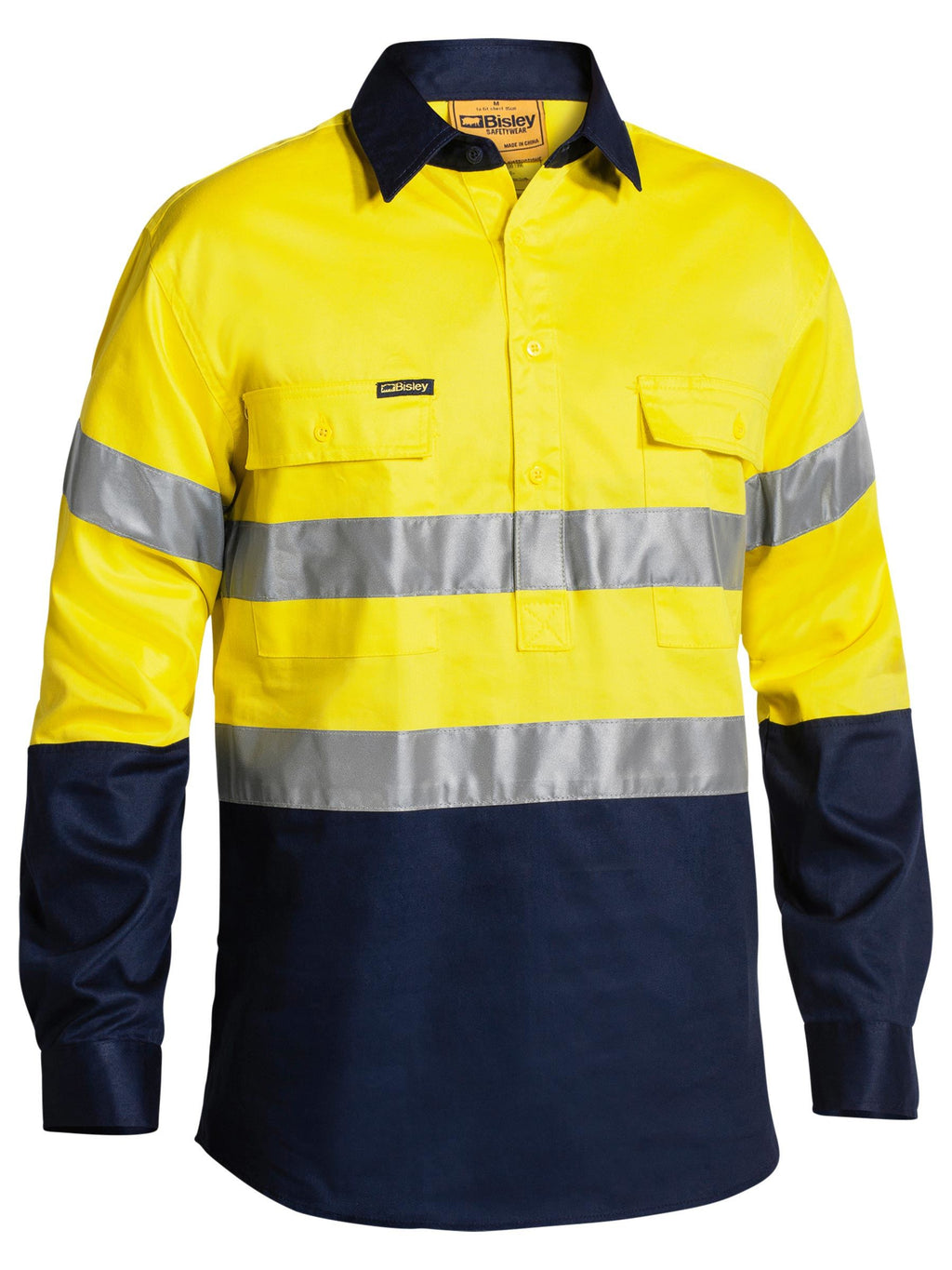Taped Hi Vis Closed Front Drill Shirt - Yellow/Navy
