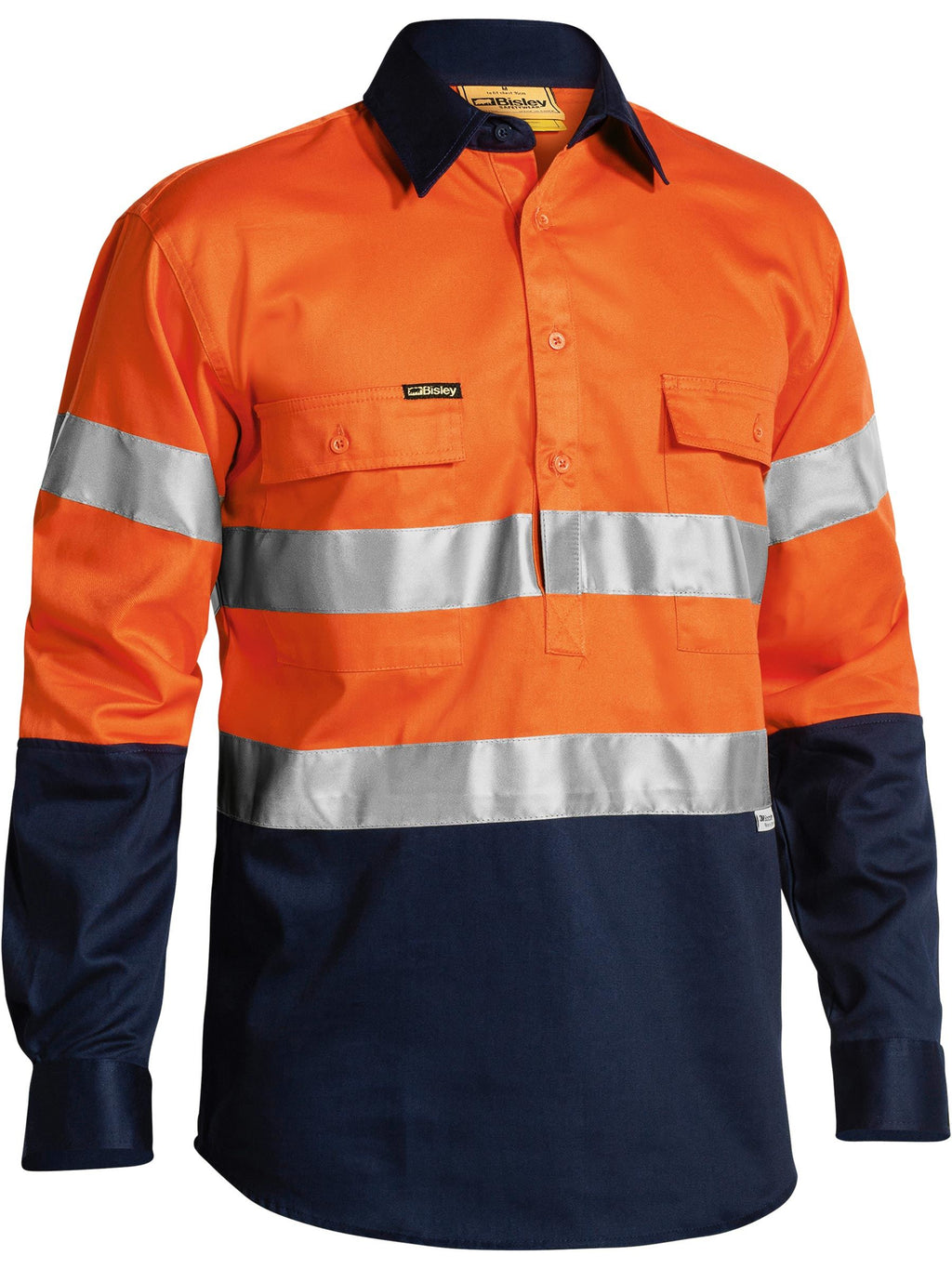 Taped Hi Vis Closed Front Drill Shirt - Orange/Navy
