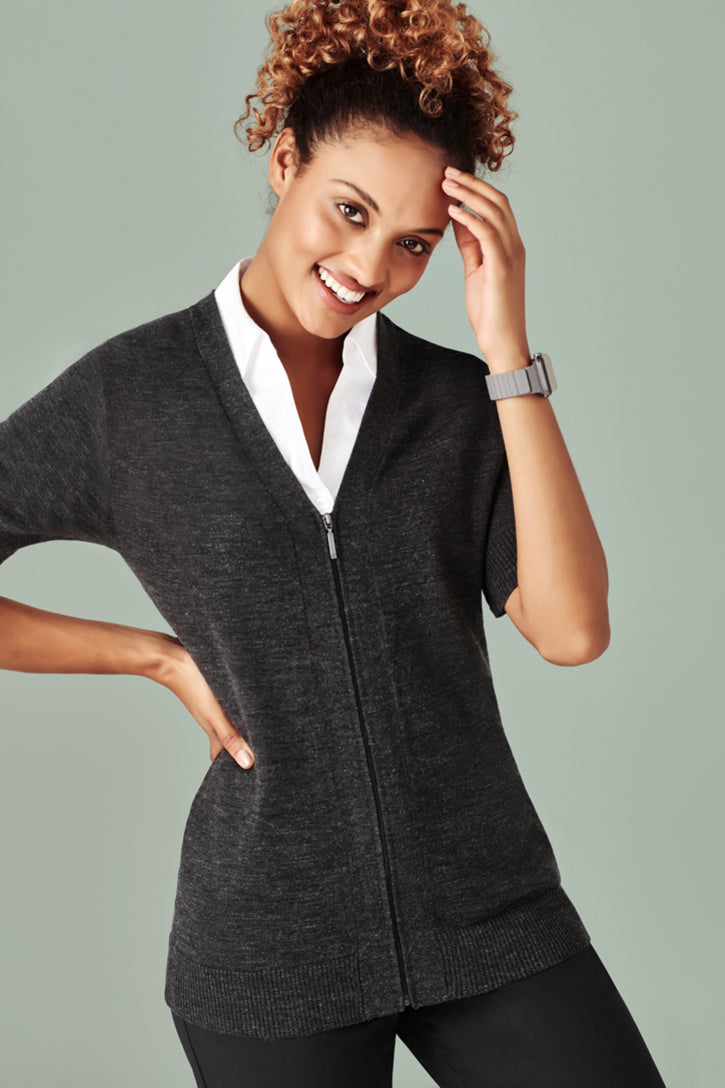 BIZ CARE WOMENS ZIP FRONT SHORT SLEEVE KNIT CK962LC