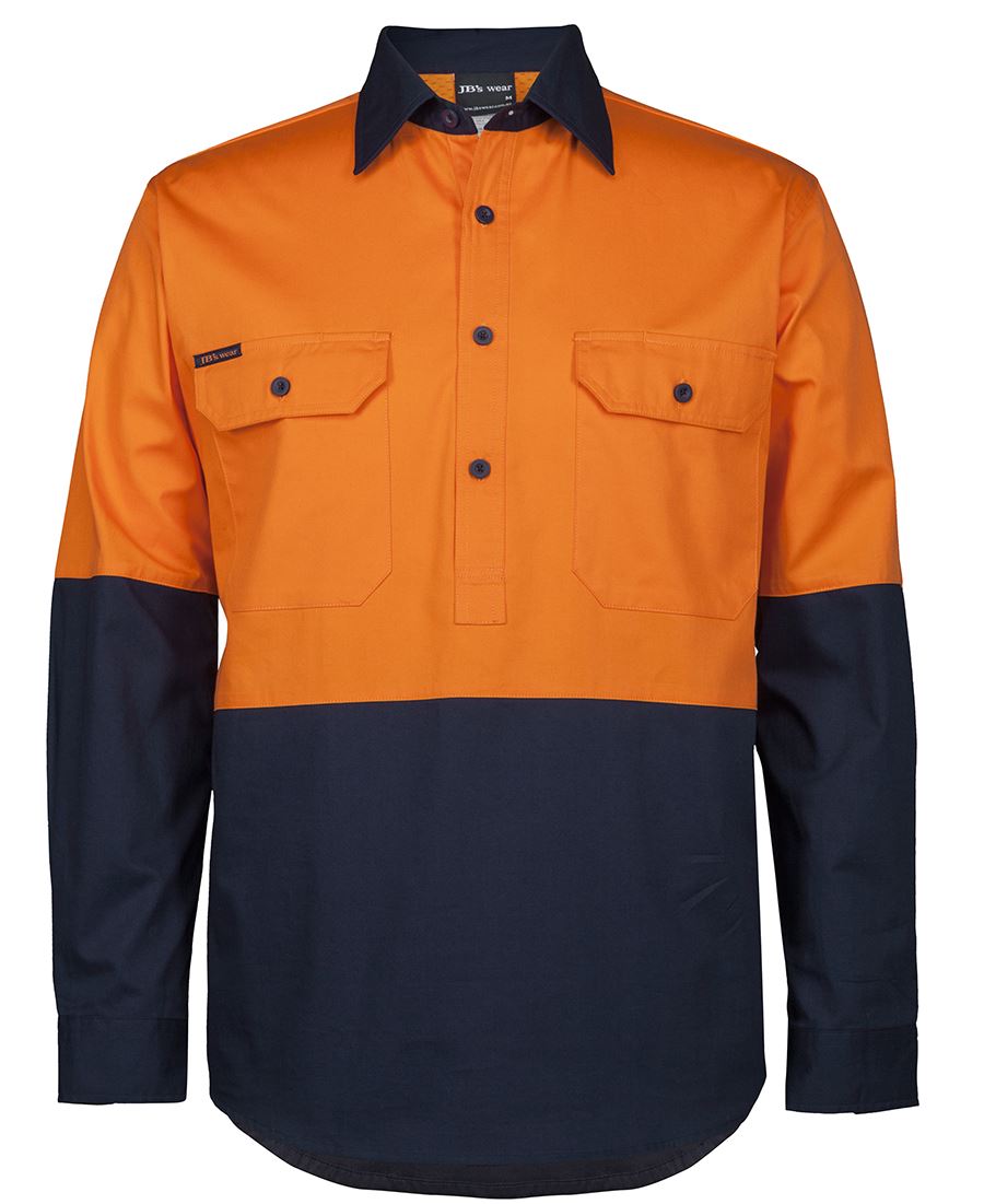JB's Wear HI VIS CLOSE FRONT L/S 150G WORK SHIRT 6HVCS
