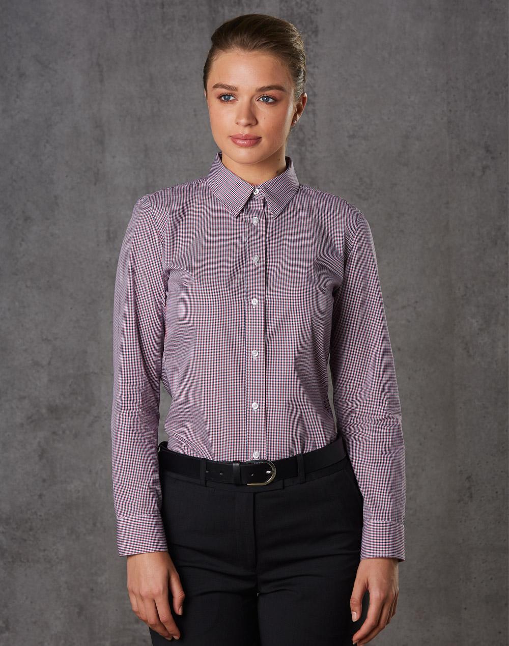 Benchmark M8340L Ladies’ Two Tone Mini Gingham Long Sleeve Shirt